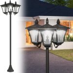 Outsunny Solar Gartenlaterne mit 3 flammig Laterne Mast aus Edelstahl Solarlaterne mit LED 120 Lumen 51,5x47x182,5cm Wegeleuchte IP44 für Garten Balkon Schwarz