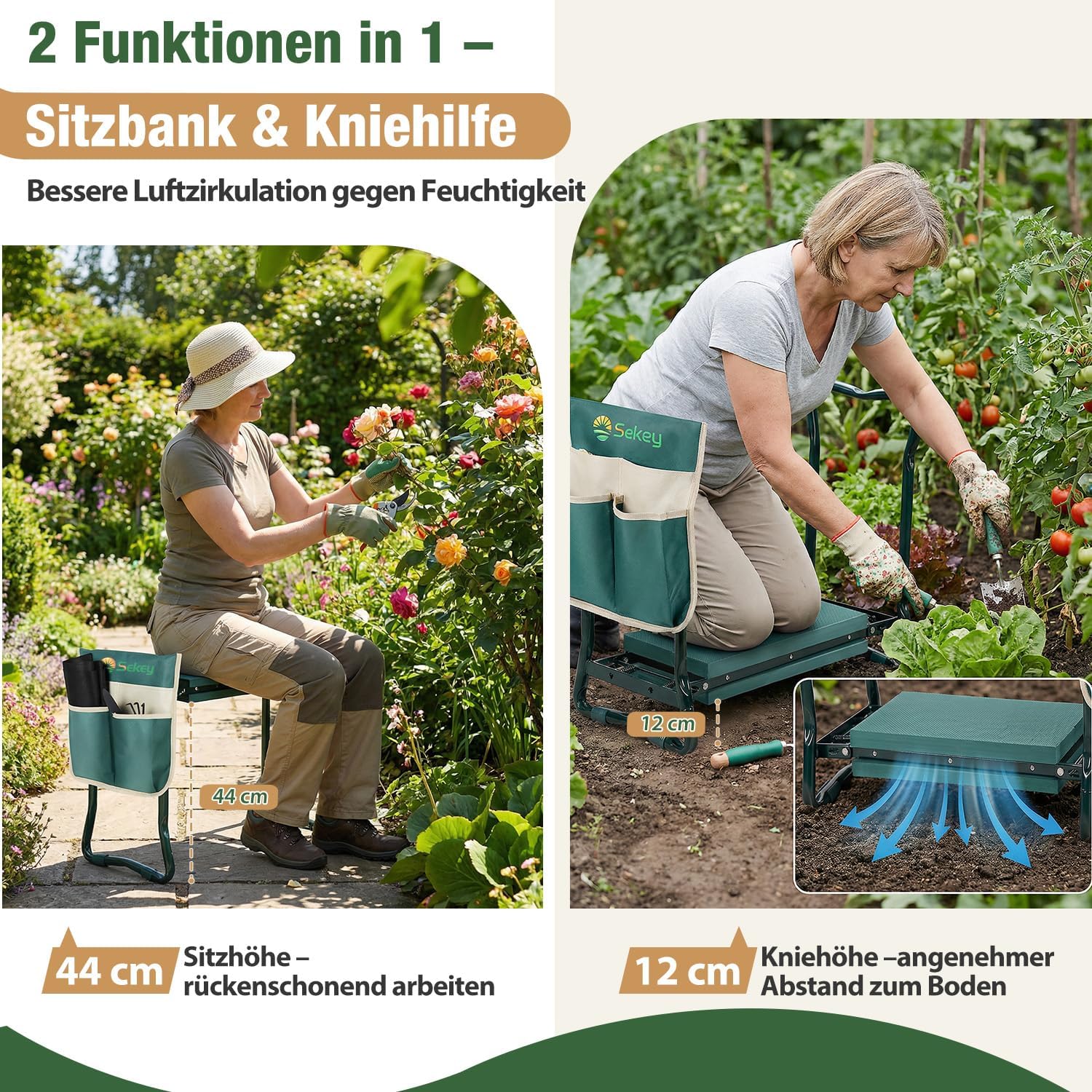 Sekey Höhenverstellbare Kniebank für Gartenarbeit Belastbarkeit 160KG, Gartenhocker Klappbar mit Werkzeugtaschen, Kniehilfe für Gartenarbeiten 60 * 50 * 28 cm, Grün (Standard) – Bild 5