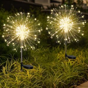 Solarleuchten für außen 2 Stück 150 LED Gartenleuchten Solar, 8 Modi Solar Gartenstecker Wasserdicht Solarleuchten Feuerwerk Solar Pusteblume für Terrasse Rasen Garten Deko