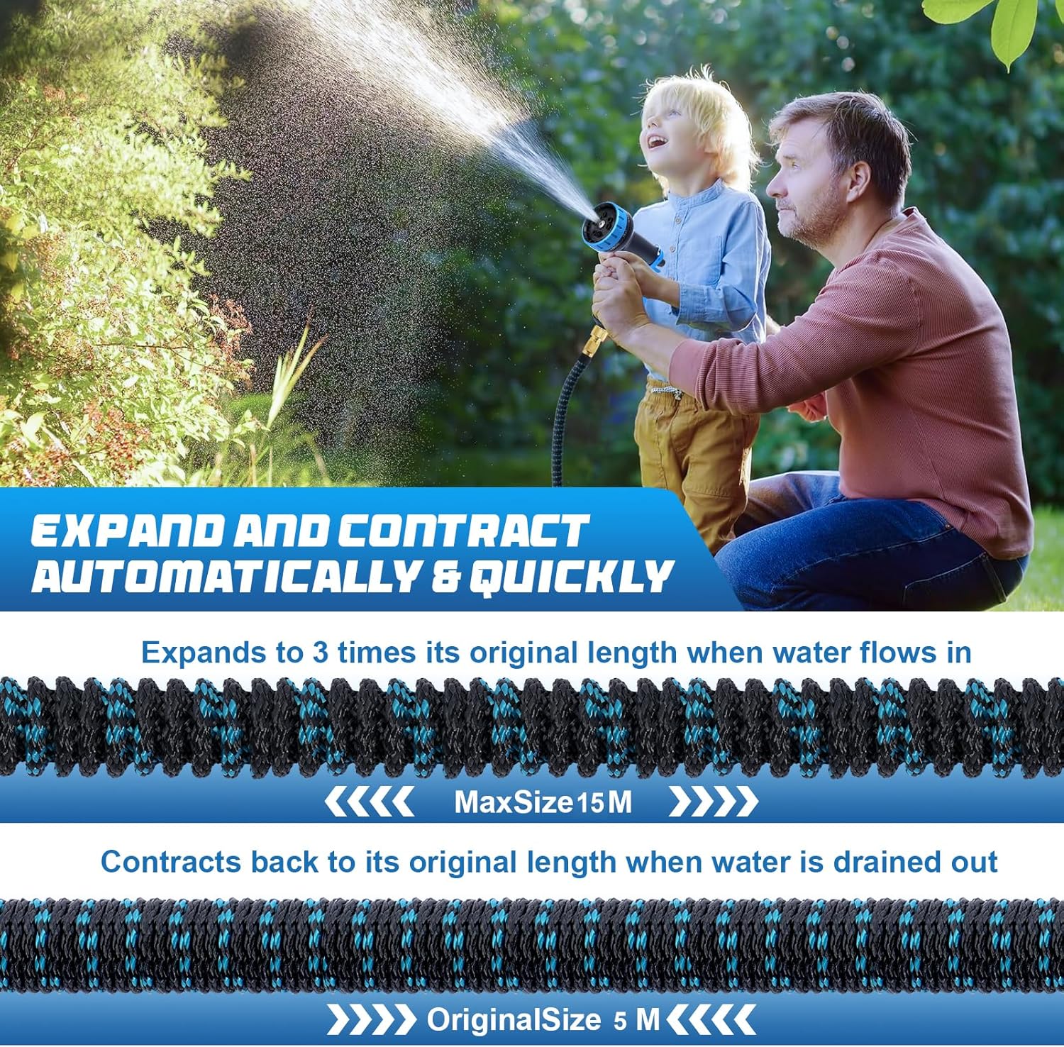 Jsdoin Gartenschlauch Flexibel 15m, Ausziehbare Garten Schlauch Dehnbarer mit 10 Funktions Gartenbrause, 1/2" 3/4" Adapter für Wasserschlauch Flexibler Garden Hose – Bild 2