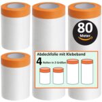 Insgesamt 80 meter Abdeckfolie mit Klebeband Maler Abdeckfolie - Goldband Tape-Abdeckfolien Malerfolien (4 Rollen)