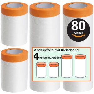 Insgesamt 80 meter Abdeckfolie mit Klebeband Maler Abdeckfolie - Goldband Tape-Abdeckfolien Malerfolien (4 Rollen)