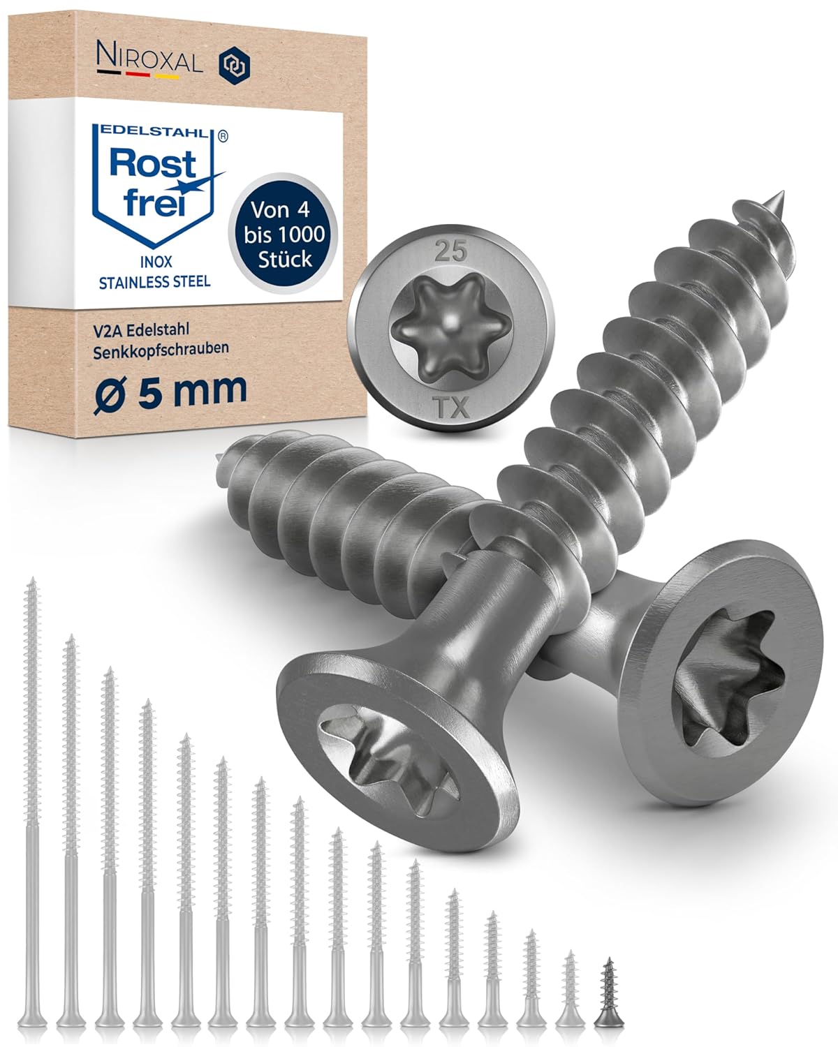 Schrauben Torx Edelstahlschrauben 5x16 Edelstahl V2A rostfrei Spanplattenschrauben für Holz Vollgewinde 5mm stark 16mm lang 100 Stück Holzschrauben Holz A2