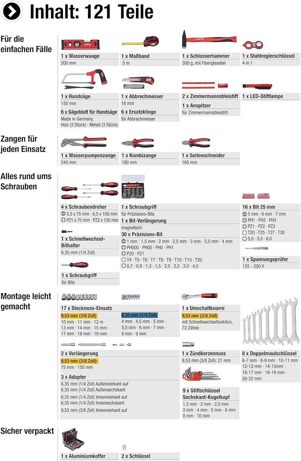 Meister Werkzeugkoffer 121-teilig - Stabiler Alu-Koffer - Werkzeug-Set - Für Haushalt, Garage und Werkstatt / Profi Werkzeugkoffer befüllt / Werkzeugkiste / Werkzeugbox komplett mit Werkzeug / 8971460 – Bild 3