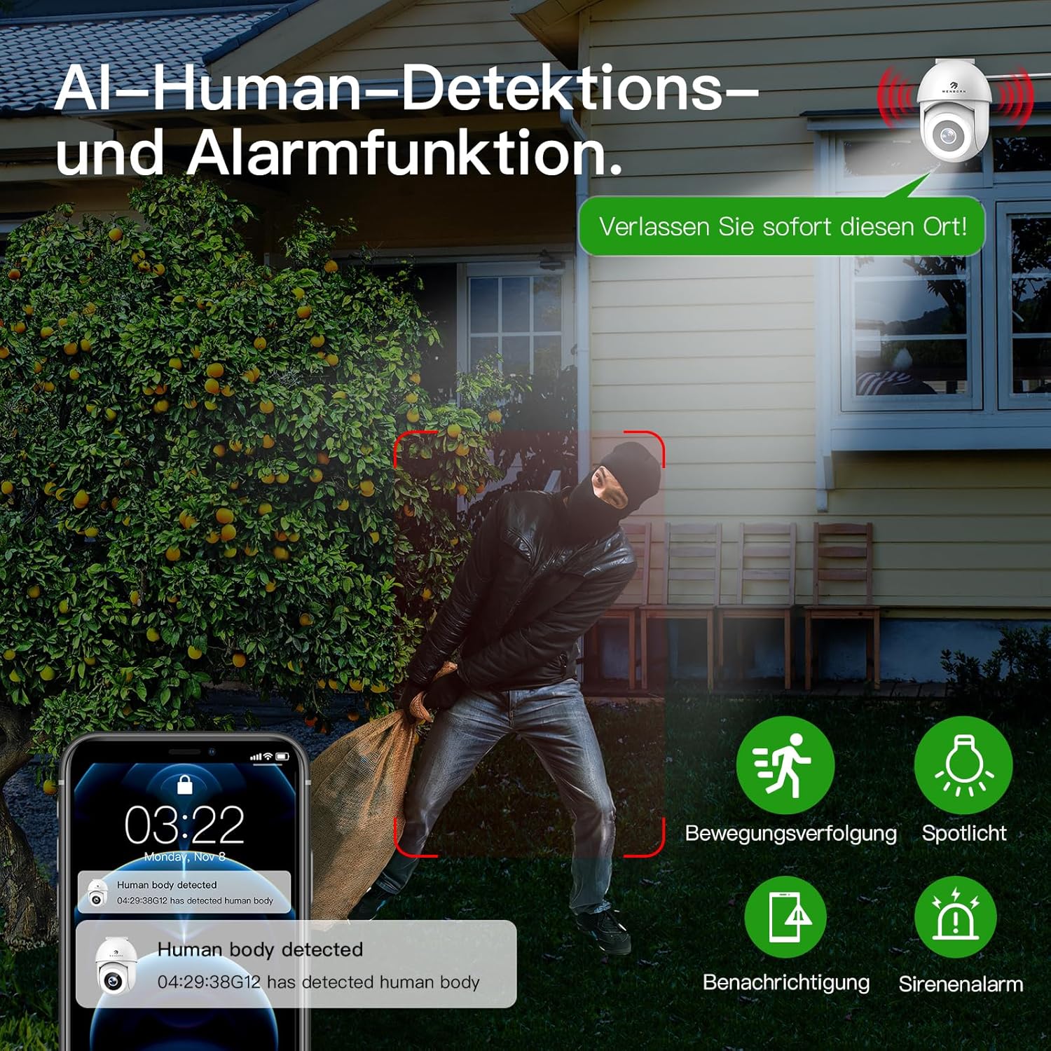 2,5K Überwachungskamera Aussen, 2,4/5GHz Kamera Überwachung mit Flutlicht, 360° Sichtbereich IP Kamera mit Vollfarb-Nachtsicht, Automatischer Verfolgung, 2-Wege-Audio, Funktioniert mit Alexa – Bild 5