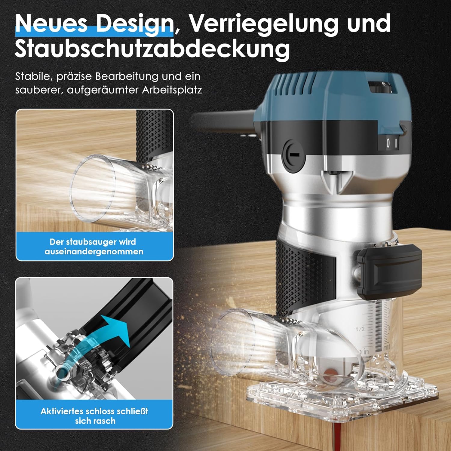 Akku Oberfräse für Makitta18V Akku für 6.35mm+8mm Spannzange,900W kantenfräseTrimmer Set mit 15 Stück 1/4" Fräser,30000 U/min Akku Kantenfräse,Hartmetall Fräser – Bild 4