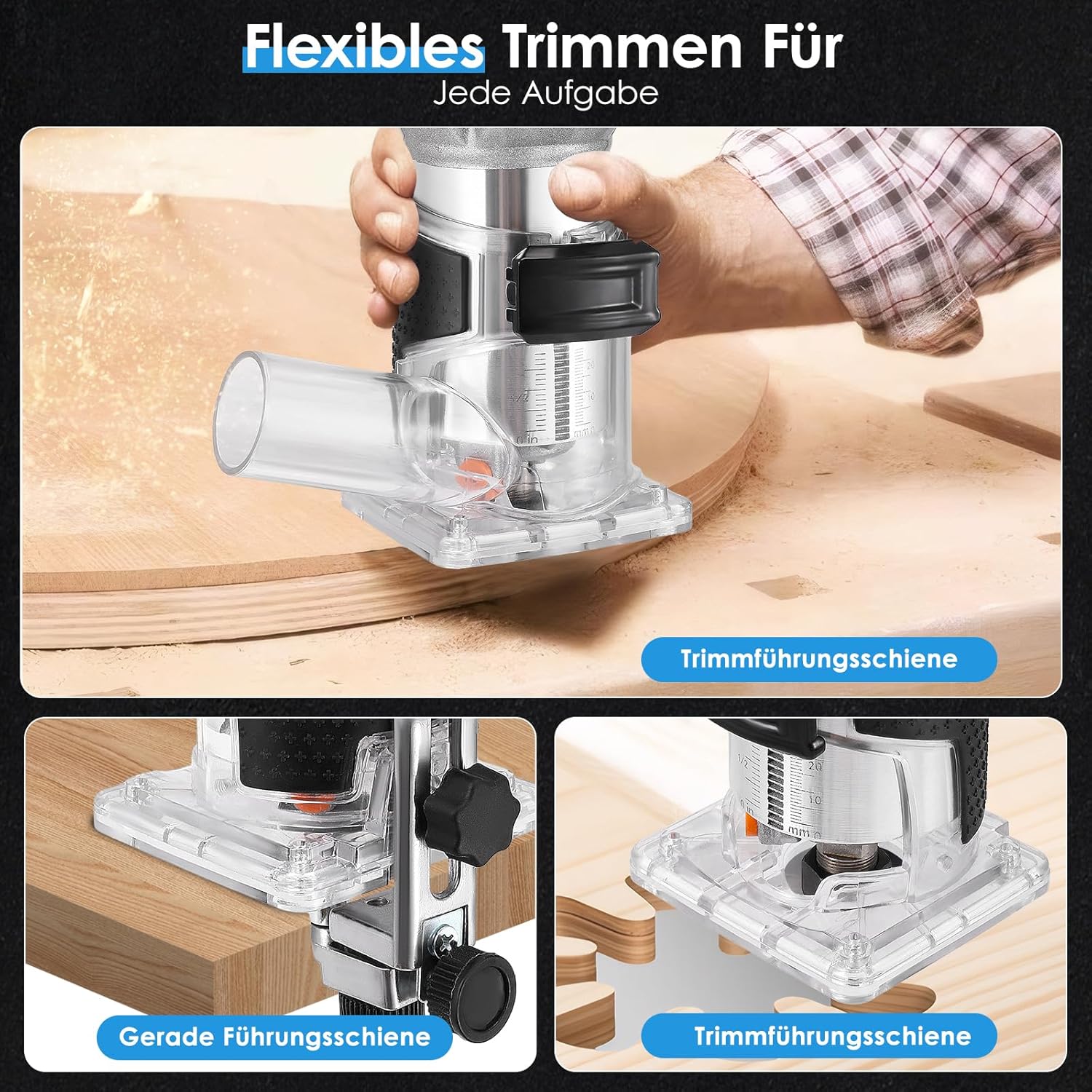 Akku Oberfräse für Makitta18V Akku für 6.35mm+8mm Spannzange,900W kantenfräseTrimmer Set mit 15 Stück 1/4" Fräser,30000 U/min Akku Kantenfräse,Hartmetall Fräser – Bild 3