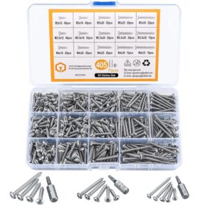 HAOCHEN 405 Stück Rundkopfschrauben Set, M3/M3.5/M4, Torx Holzbauschrauben, Edelstahl Blechschrauben, Flachkopfschrauben, selbstschneidende Schraube Sortiment Kit, mit 3 Stück Bits