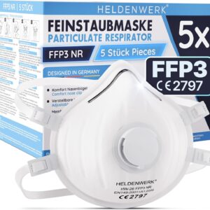 HELDENWERK® FFP3 Maske mit Ventil – 5er, 10er oder 20er Set – Atemschutzmaske/Staubschutzmaske zertifiziert Ausatemventil – Staubschutzmasken mit verstellbaren Hinterkopfband