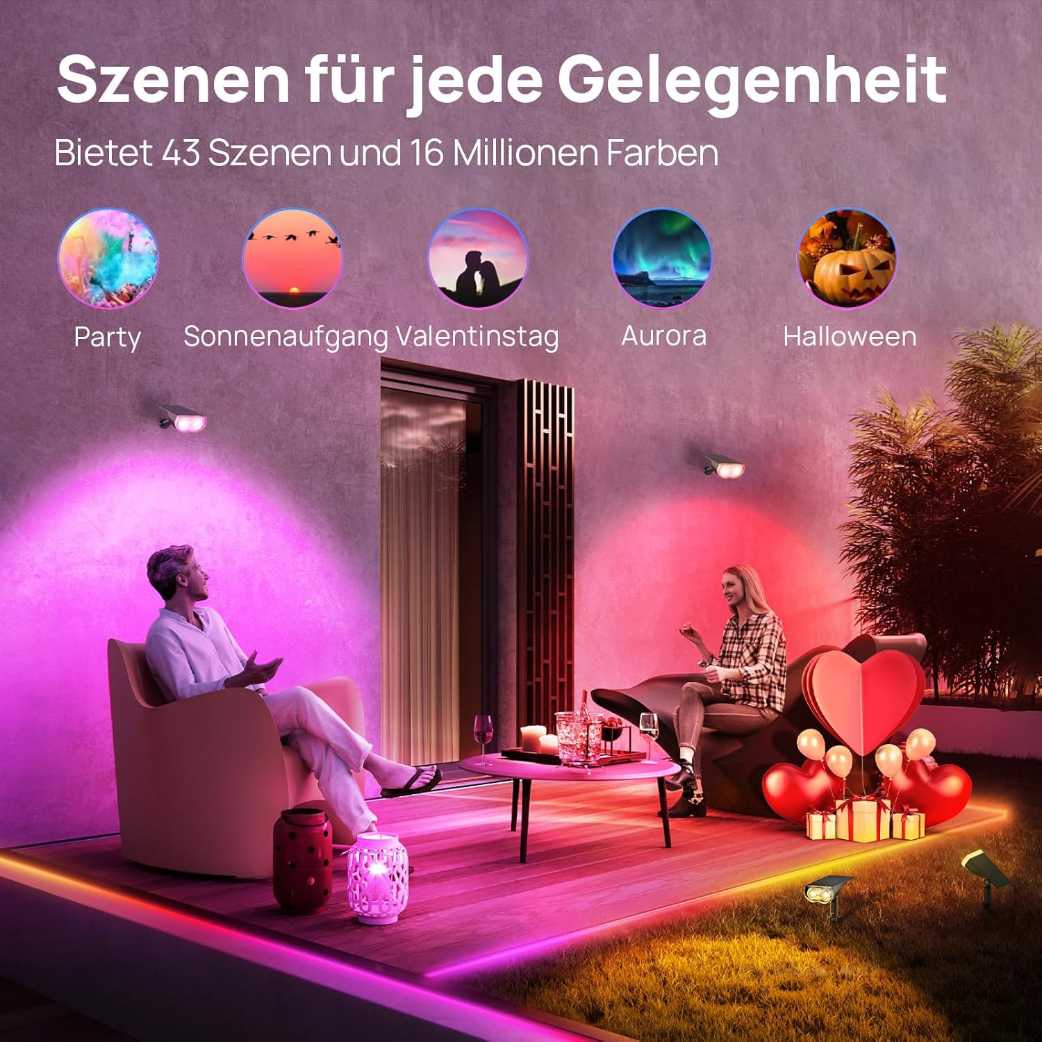 Linkind Intelligenter Bunt Solarstrahler für Außen Garten, 16Mio. Farbe RGBW Gartenleuchte mit Bewegungsmelder, Gruppensteuerbar, Musiksync, Rotlichtalarm, IP65 RGBTW Smart Solar Baumstrahler, 4 Stück – Bild 2