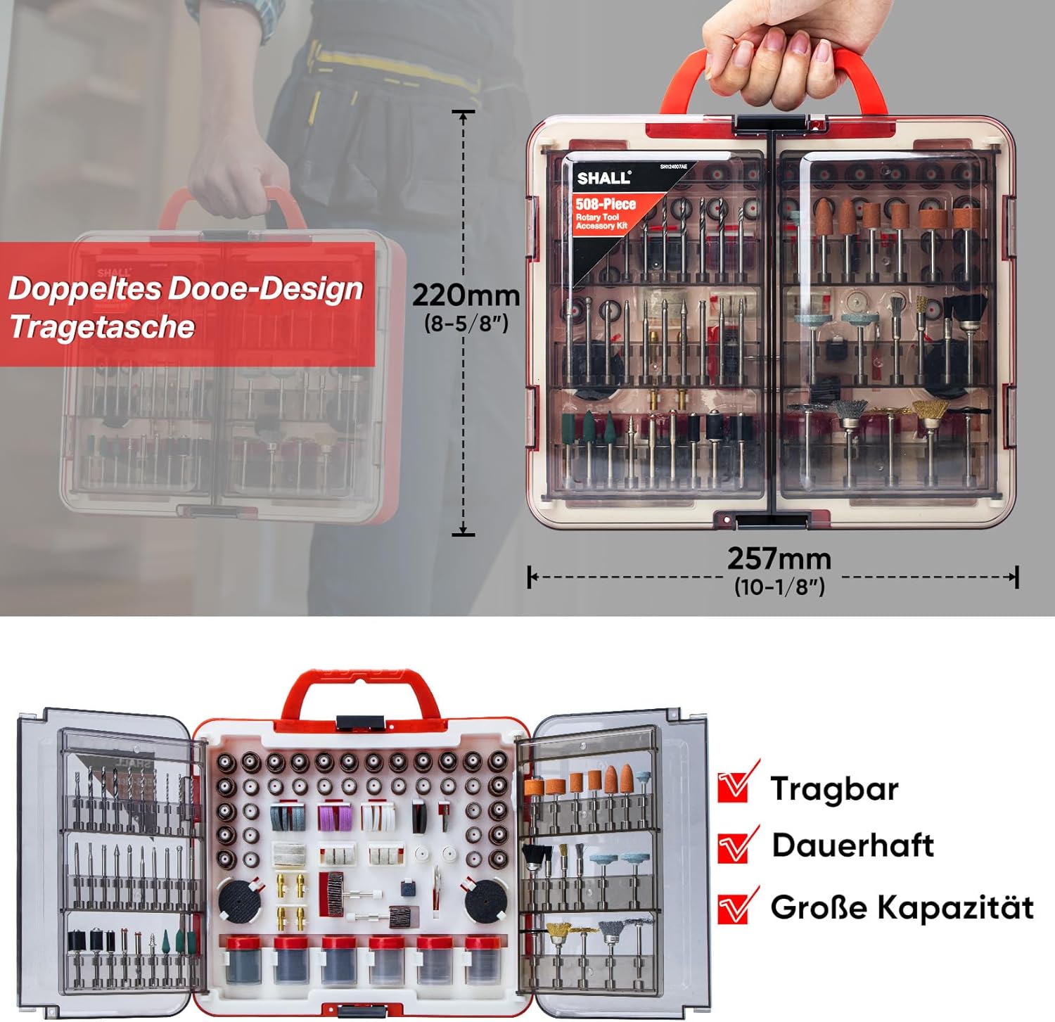 SHALL Multifunktionswerkzeug Zubehör Set 508-teilig Drehwerkzeug Mehrzweck Zubehörset für Schneiden, Schleifen, Bohren, Gravieren & Polieren | Dremel-kompatibel – Bild 2