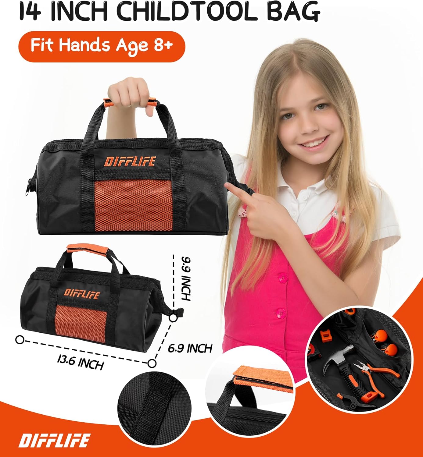 18 Stück Handwerkzeug Set Kinder Echt, Werkzeug Kit mit Aufbewahrungstasche für Jungen, Mädchen, Kinder DIY Bauen und Holzbearbeitung, Alter 8+ Werkzeugset-18 Stück – Bild 3