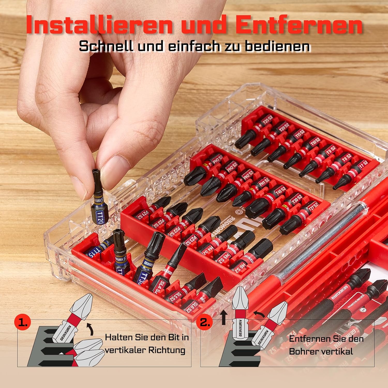 42-teiliger Schraubendreher-Bitsatz aus schlagfestem, S2-Stahl Magnetische Torx/Phillips/Pozidriv/Schlitz/Hex-Kopf Bit Set, 1/4 zoll Sechskantschaft, inkl. Bit-Halter mit Rot Aufbewahrungsbox – Bild 4
