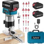 Akku Kompaktfräse, 21V Oberfräse Akku mit 2 Stück 4,0Ah Batterien, 33000 U/min Bürstenloser Multifunktionsfräse mit 15 Stück 1/4" Fräser, akku fräse 6 Speed für die Holzbearbeitung