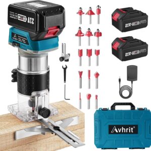 Akku Kompaktfräse, 21V Oberfräse Akku mit 2 Stück 4,0Ah Batterien, 33000 U/min Bürstenloser Multifunktionsfräse mit 15 Stück 1/4" Fräser, akku fräse 6 Speed für die Holzbearbeitung