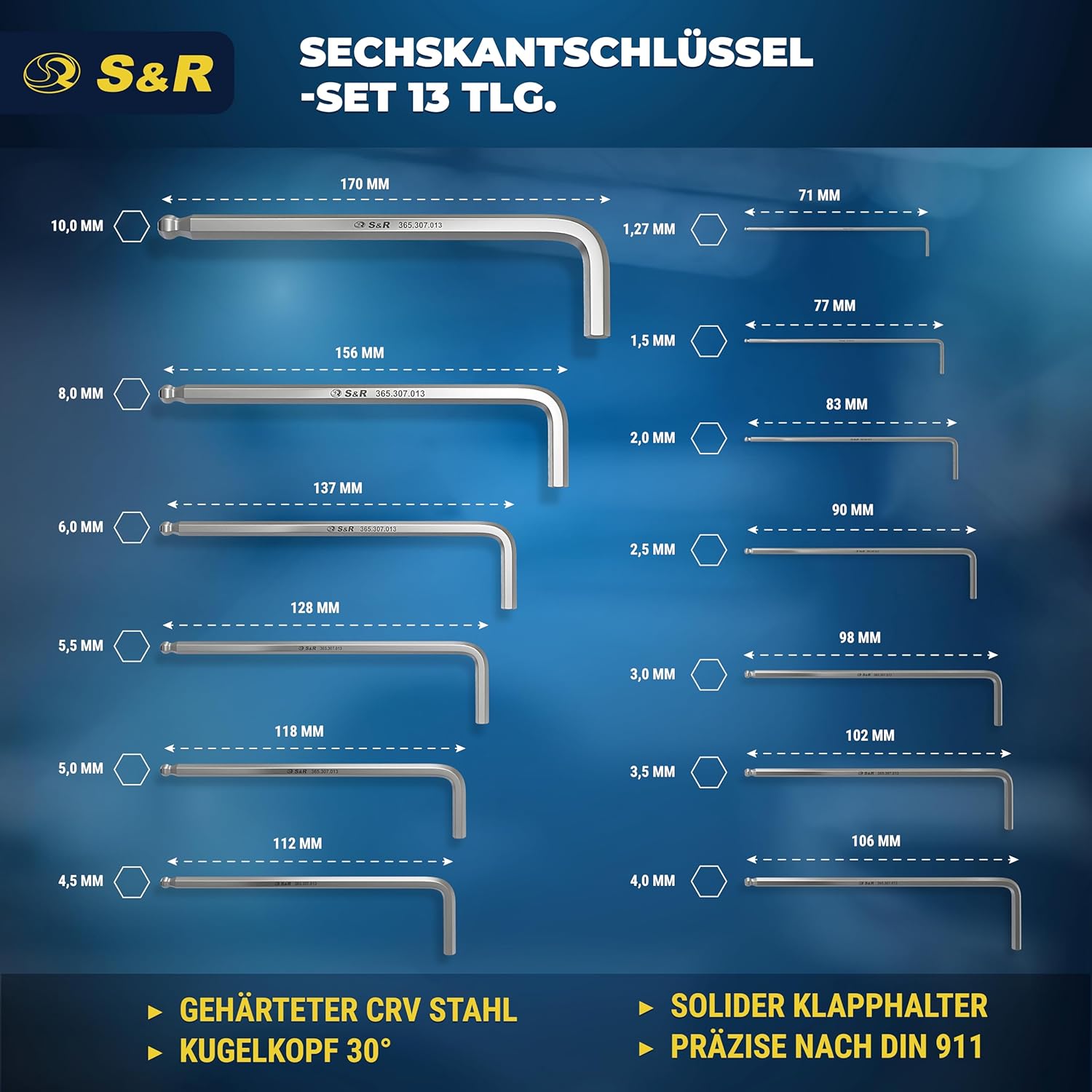S&R Innensechskantschlüssel Satz HX, 13-tlg mit Kugelkopf, Innensechskant LANG, 1,27 bis 10 mm, Cr-V-Stahl gehärtet, Winkelschlüssel rostfrei, Sechskant Schlüssel-Set in stabilem Klapp-Halter – Bild 2