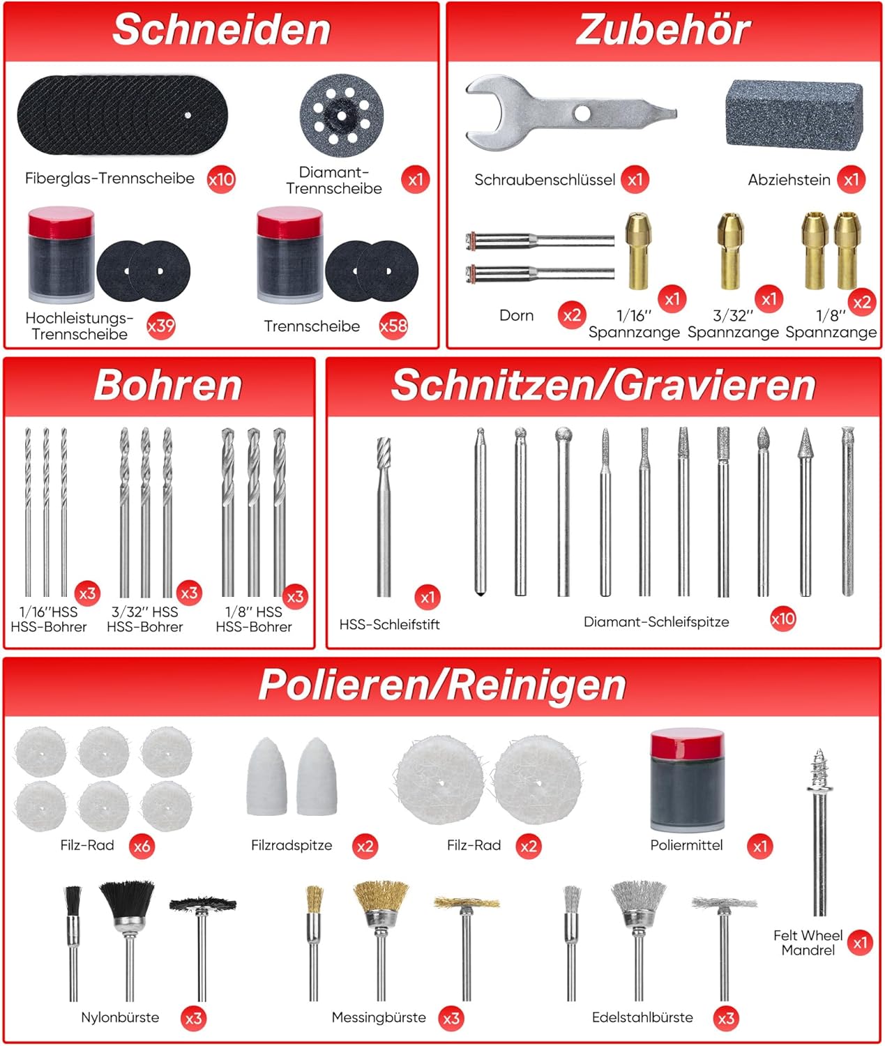 SHALL Multifunktionswerkzeug Zubehör Set 508-teilig Drehwerkzeug Mehrzweck Zubehörset für Schneiden, Schleifen, Bohren, Gravieren & Polieren | Dremel-kompatibel – Bild 4