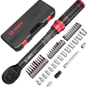 VANPO Drehmomentschlüssel 1/4'', 1-25Nm Fahrrad & Motorrad Drehmomentschlüssel, 49-tlg. Drehmomentschlüssel Set Klein mit Stecknüsse, Verlängerungsstange 75mm, 1/4"-3/8" Adapter, Bits Adapter