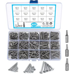 400 Stück Selbstschneidendes Schrauben-Sortiment-Set, Edelstahl-Senkkopf-Torx-Selbstbohrschrauben, Holz-Trockenbauschrauben mit Bohrer-M3/M3,5/M4, 12mm/16mm/20mm/25mm/30mm/35mm-Silber