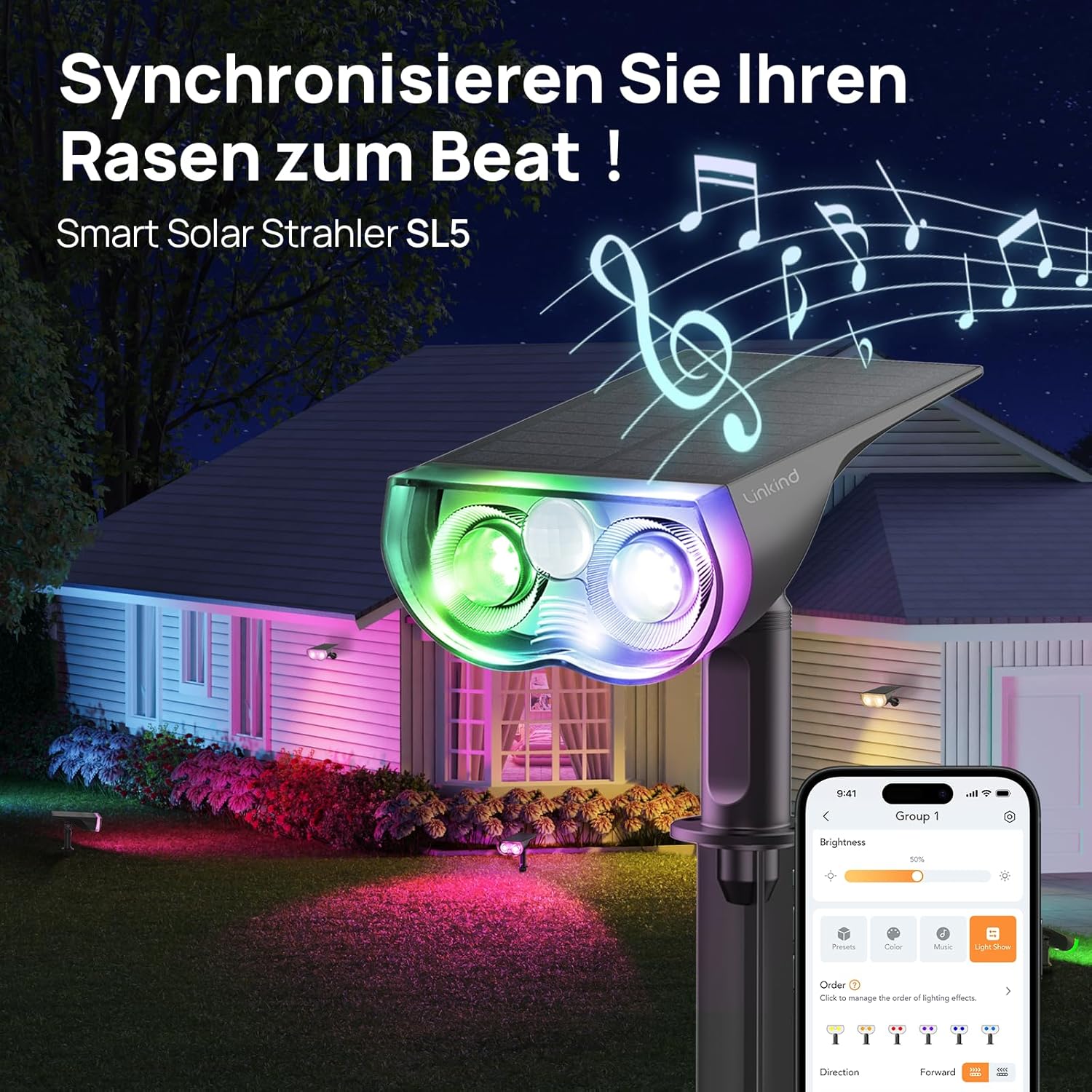 Linkind Intelligenter Bunt Solarstrahler für Außen Garten, 16Mio. Farbe RGBW Gartenleuchte mit Bewegungsmelder, Gruppensteuerbar, Musiksync, Rotlichtalarm, IP65 RGBTW Smart Solar Baumstrahler, 4 Stück – Bild 3