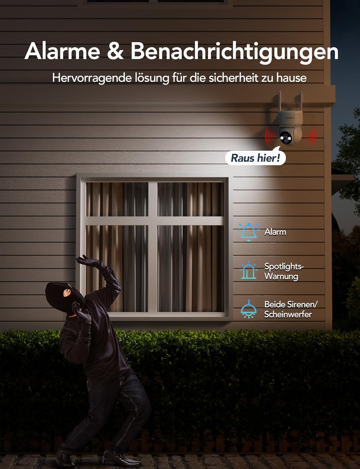 GNCC Solar Überwachungskamera Aussen Akku, 1080P Outdoor WLAN Kamera Überwachung Aussen mit Farb-Nachtsicht, PIR Bewegungsmelder, 360° PTZ, Zwei-Wege-Audio, 2.4 GHz WLAN – Bild 5