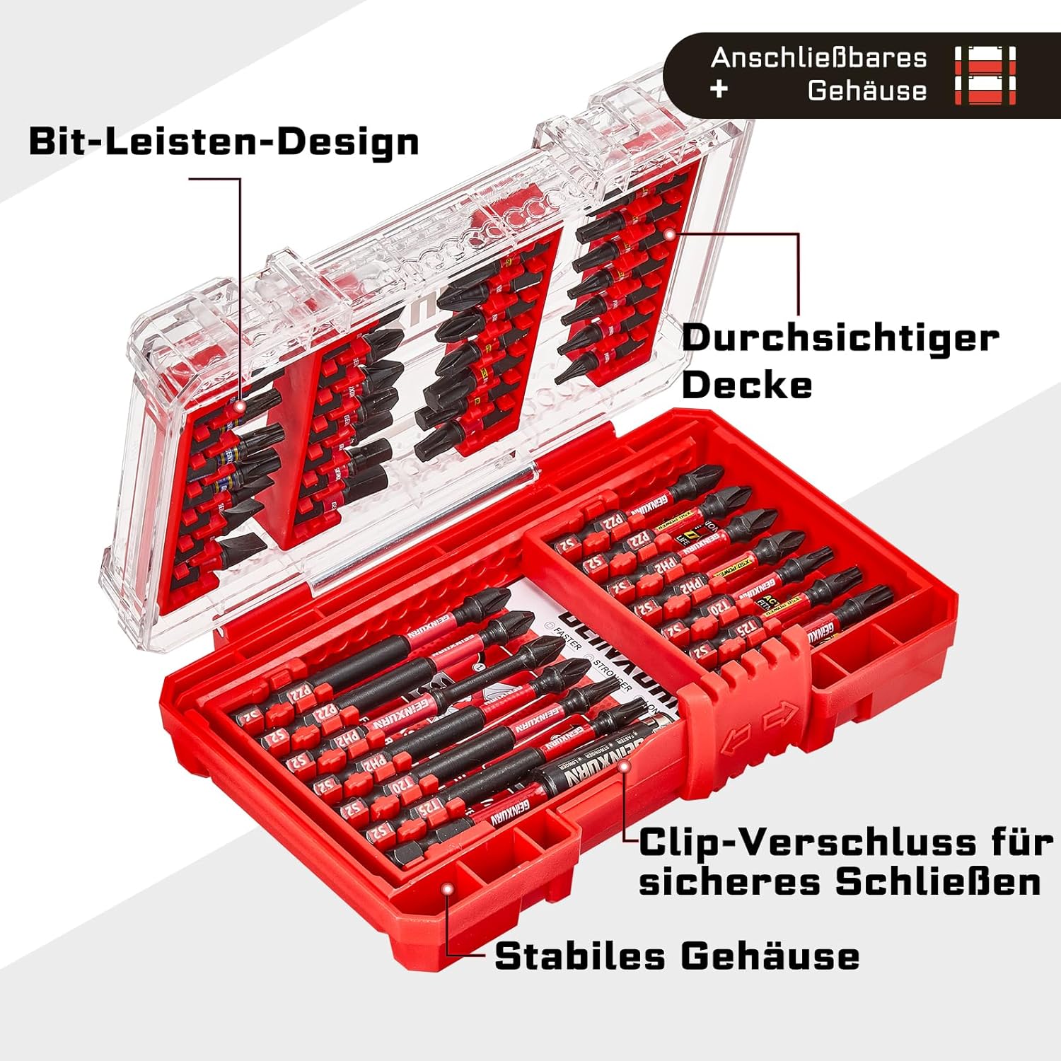 42-teiliger Schraubendreher-Bitsatz aus schlagfestem, S2-Stahl Magnetische Torx/Phillips/Pozidriv/Schlitz/Hex-Kopf Bit Set, 1/4 zoll Sechskantschaft, inkl. Bit-Halter mit Rot Aufbewahrungsbox – Bild 3
