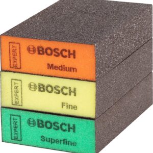 Bosch 3X EXPERT S471 Standard Schleifschwämme (für Farbe auf Holz, Weichholz, Ø 69 x 97 x 26 mm, Mittel/Fein/Superfein, Professional Zubehör Handschleifen)