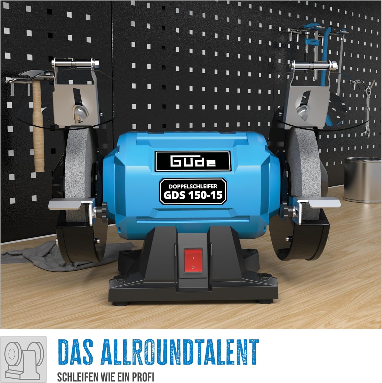 Güde Doppelschleifer GDS 150-15 (250 W, 2980 1/min Motordrehzahl, Grob- & Feinschleifscheibe 36|60 K, 150 mm ø, stabiler Maschinenfuß, kugelgelagerte Schleifachsen, verstellbare Arbeitsauflagen), Blau – Bild 2