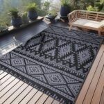 Homaxy Outdoor Teppich Wetterfest, Kunststoff Stroh Faltbar Waschbar UV-beständig Wendbar Balkon Garten Teppich für Terrasse Camping Picknick (120 x 180 cm, Schwarz & Grau)