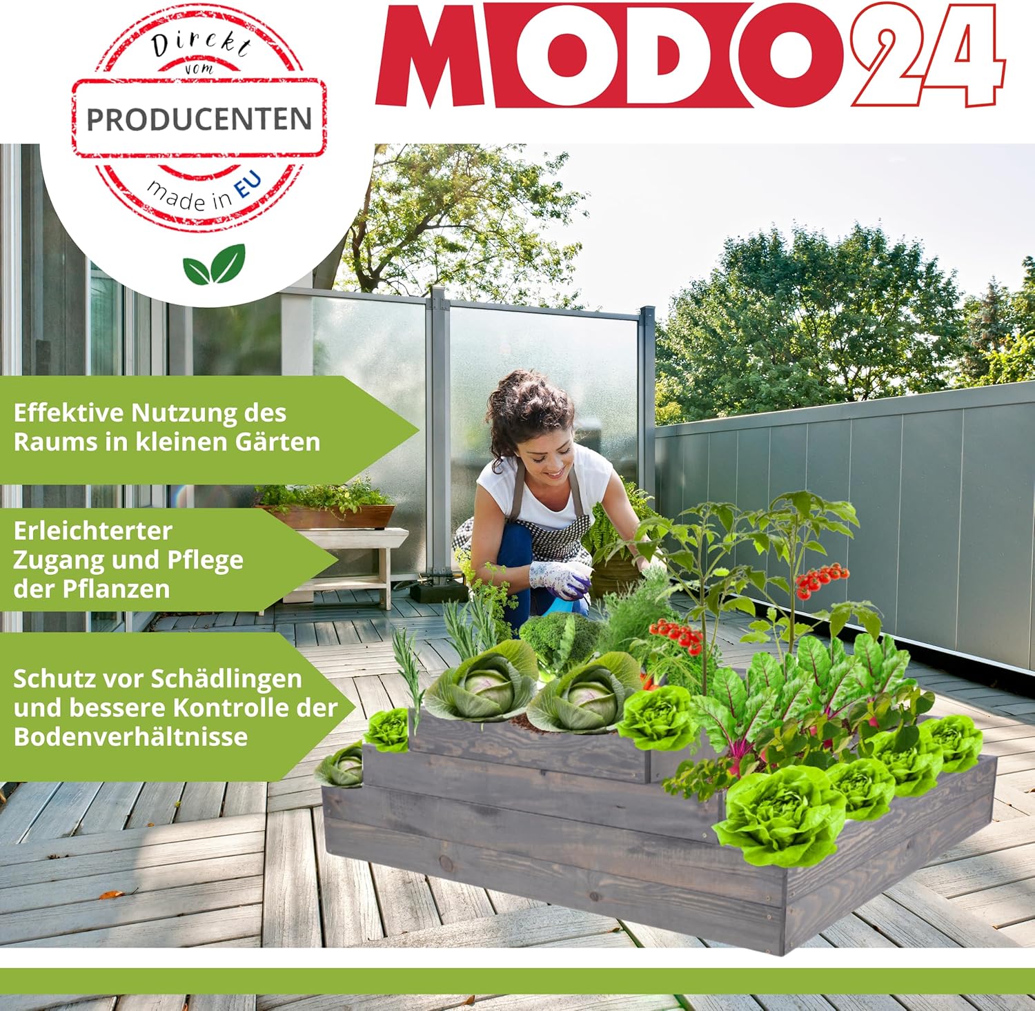 Hochbeet Holz, Kräuterbeet, Gartenbeet, Pflanzbeet, Blumenbeet, Stufenbeet, für Garten und Terrasse, Kiefernholz, Massivholz, höhenverstellbar, Abmessungen 45x117x30 cm, Farbe: Natur – Bild 2