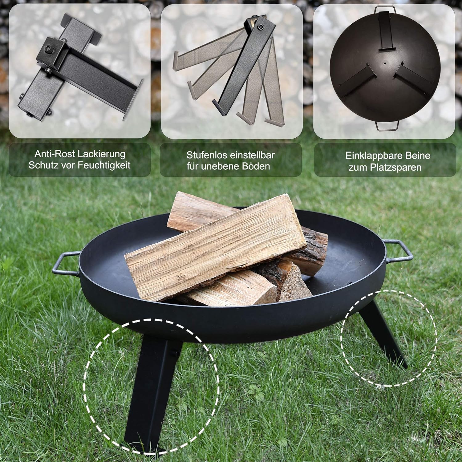 Köhko Feuerschale -Ø 55 cm Feuerschale aus Stahl mit Wasserzulauflöcher, Griffen und klappbare und abnehmbare Beine 41005-55 – Bild 2