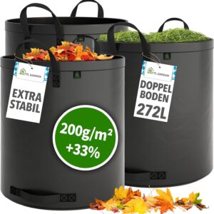 TTL Garden 3x 272L SUPER SOLID Gartensack grau - DOPPELTER BODEN 2x200 gsm extra stabil & reißfest selbststehend 4 Griffe groß robust 3er Set Laubsack Abfallsack für Gras Laub Hecke Gartenabfall