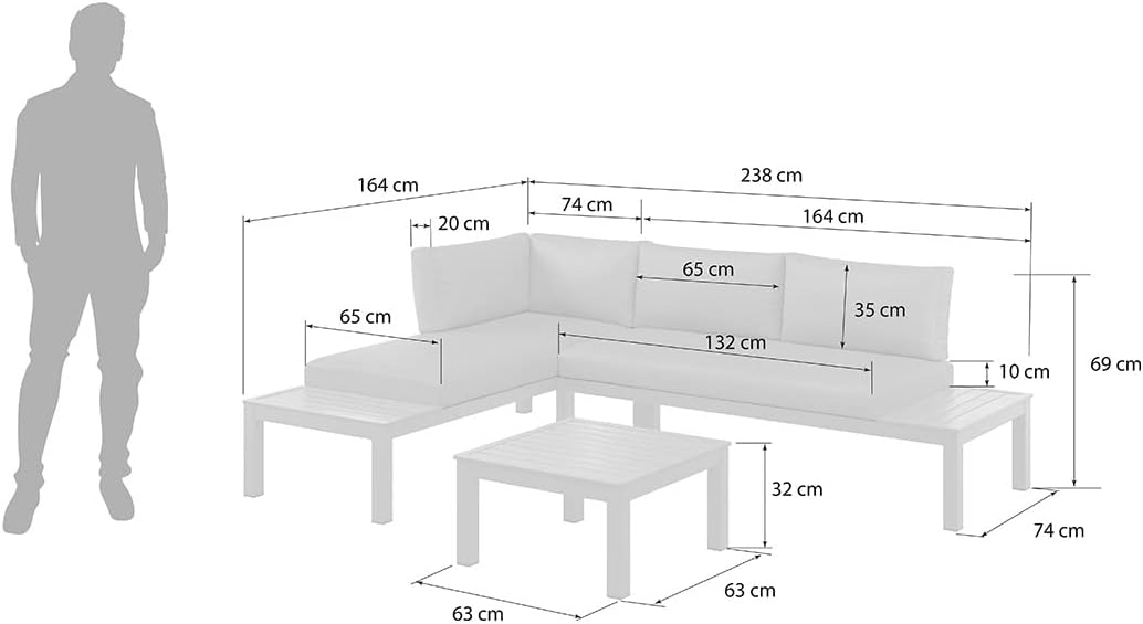 OUTLIV. Gartenlounge Morsum, Gartenmöbel-Set Aluminium, Wetterfest, pflegeleicht, beidseitig montierbar, inklusive Kissen, 164x238x69 cm, Grau – Bild 5