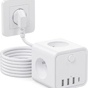 Steckdosenwürfel mit USB,7 in 1 Steckdosenleiste mit Schaltbar,3 Fach Mehrfachsteckdose mit 4 USB, Mehrfachstecker mit Save Energy-Schalter,2M Verlängerungskabel Kabel für Büro, zu Hause