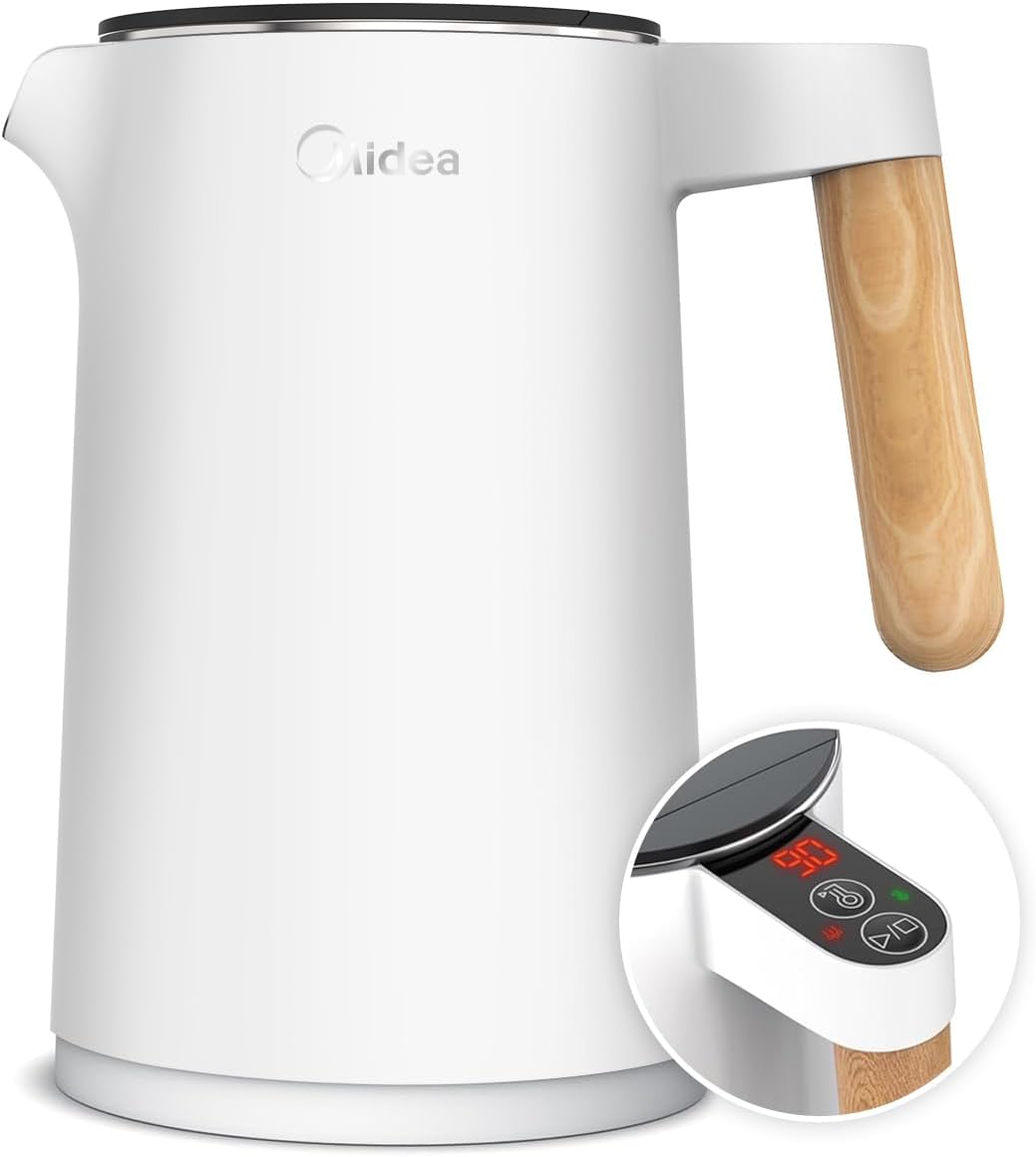 Midea Edelstahl Wasserkocher mit Temperatureinstellung, 45℃-100℃, 1,5 Liter, 2200W Kettle Weiß, Teekocher mit Temperaturanzeige und Sicherheitsfunktionen, BPA frei, Doppelwand Design