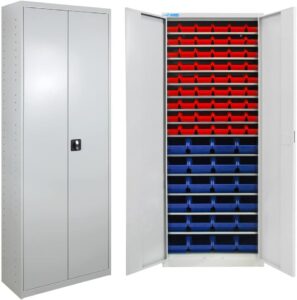 HEMMDAL Flügeltürenschrank | HxBxT 195 x 71 x 30 cm | Grau | Sichtlagerkästen 54 x Rot, 24 x Blau | Aufbewahrung von Kleinteilen & Werkzeug | Sicherheits-Zylinderschloss | Werkzeugschrank aus Stahl