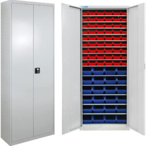 HEMMDAL Flügeltürenschrank | HxBxT 195 x 71 x 30 cm | Grau | Sichtlagerkästen 54 x Rot, 24 x Blau | Aufbewahrung von Kleinteilen & Werkzeug | Sicherheits-Zylinderschloss | Werkzeugschrank aus Stahl