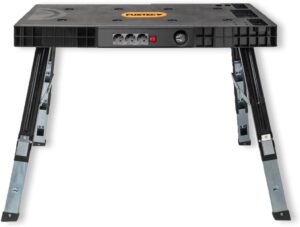 FUXTEC klappbare 5in1 Universal-Werkbank FX-WB – Werkbank/Arbeitstisch bis 150kg – höhenverstellbar bis 129x59x75cm – Transportroller mit Schubfächern – Werkstattbrett/Rollbrett