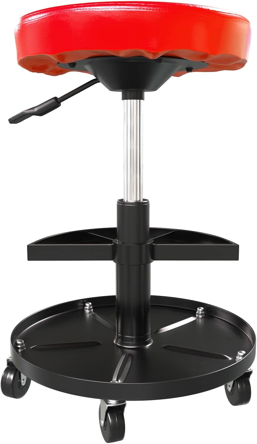 HASKYY Höhenverstellbar Werkstattstuhl Werkstatthocker Werkstattsitz Arbeits-Hocker-Stuhl-Sitz ROT mit 5 Rollen | ca. ø 40cm | 2 Ablagen | 430-580mm – Bild 3