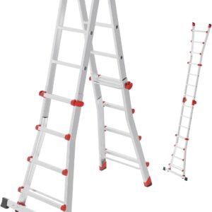 Hailo M80 Alu-Multifunktionsleiter - Schiebeleiter 4 x 4 Sprossen belastbar bis 150 kg - Sicherheitsgelenke und Rastgriffe - sprossenweise höhenverstellbar - Mehrzweckleiter rostfrei - Silber