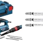 Bosch Professional GST 160 BCE, 160 mm Schnitttiefe in Holz, L-BOXX + 3x Stichsägeblatt Set Expert ‘Wood 2-Side Clean‘ (für Sperr-, Massivholz-Möbelplatte, Länge 117 mm, Zubehör)