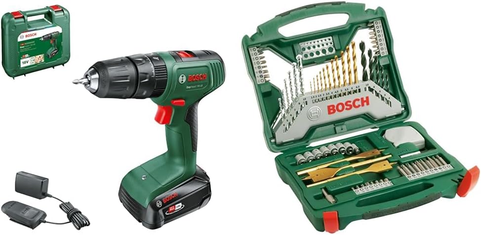 Bosch Akku Schlagbohrschrauber EasyImpact 18V-38 (1x Akku 2,5 Ah; 18 Volt System; im Koffer) + Bosch Accessories Bosch 70tlg. X-Line Titanium Bohrer und Schrauber Set (Zubehör Bohrmaschine)