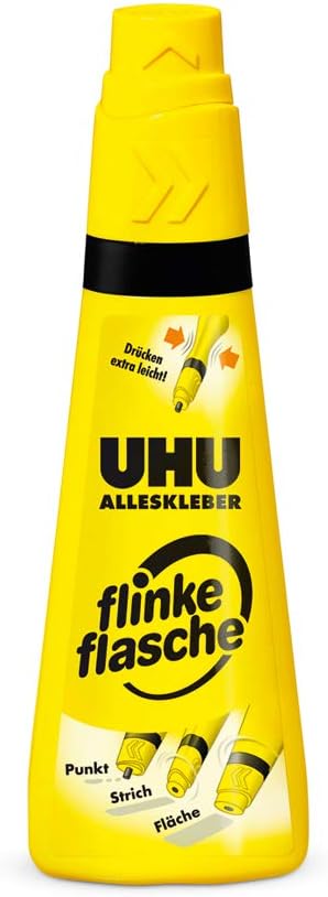 UHU Alleskleber flinke flasche, Glasklarer Alleskleber in der einzigartigen Flasche mit Drehklebekopf, 3 x 35 g – Bild 2