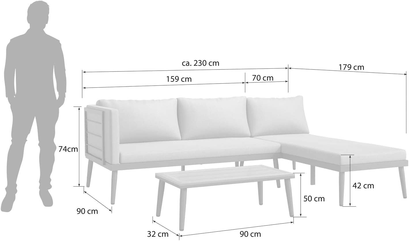 OUTLIV. Lounge Set India, 3-teilig, Stahlgestell, Akazienholz Tischplatte, inkl. waschbare Kissen, L-Form, für Garten und Terrasse, Anthrazit – Bild 5