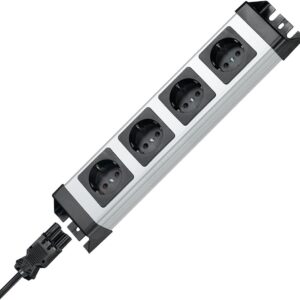 Kopp Powerversal Steckdosenleiste 4-fach, Quick-Plug-System Eingang/Ausgang, Wieland-Eingang, kaskadierbar, um 90° gedrehte Anschlüsse, 65mm Topfabstand, anschraubbar, IP20, silberschwarz (ohne Kabel)
