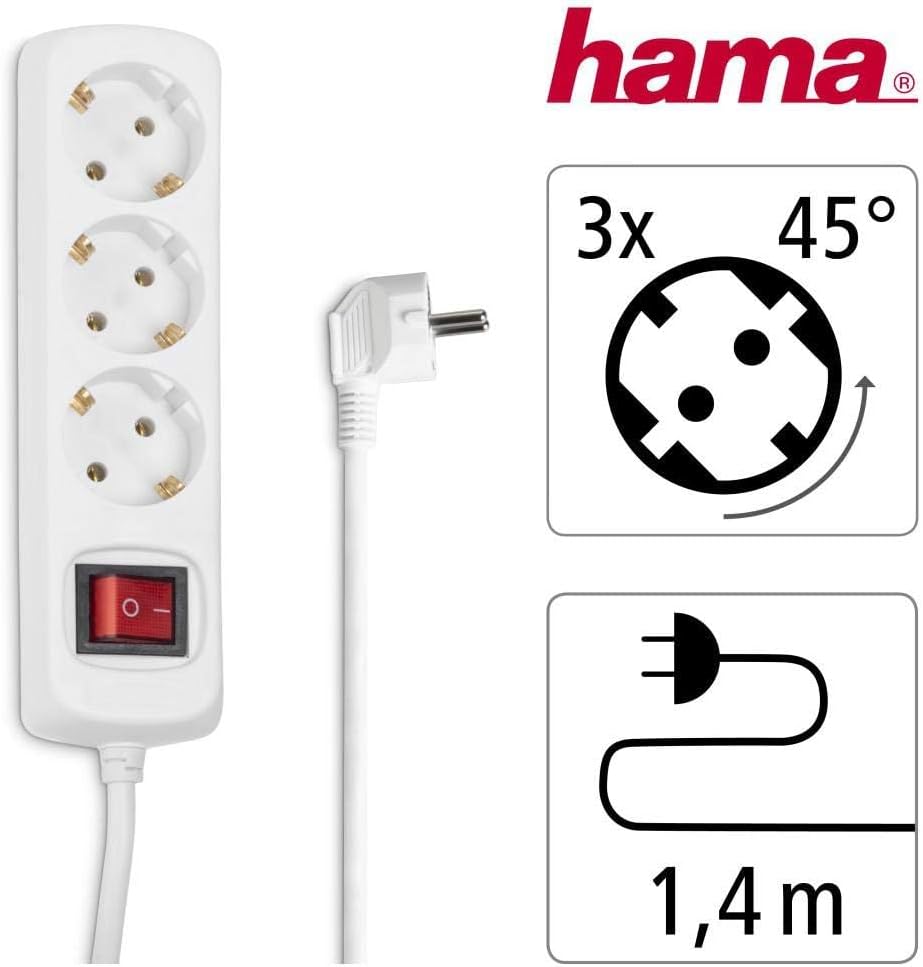 Hama Steckdosenleiste 3-Fach (Mehrfachsteckdose mit Save Energy-Schalter zum Stromsparen, Steckplätze 45 Grad gedreht, Kabel 1,4m, GS geprüft, Mehrfachstecker für Home Office) weiß – Bild 2