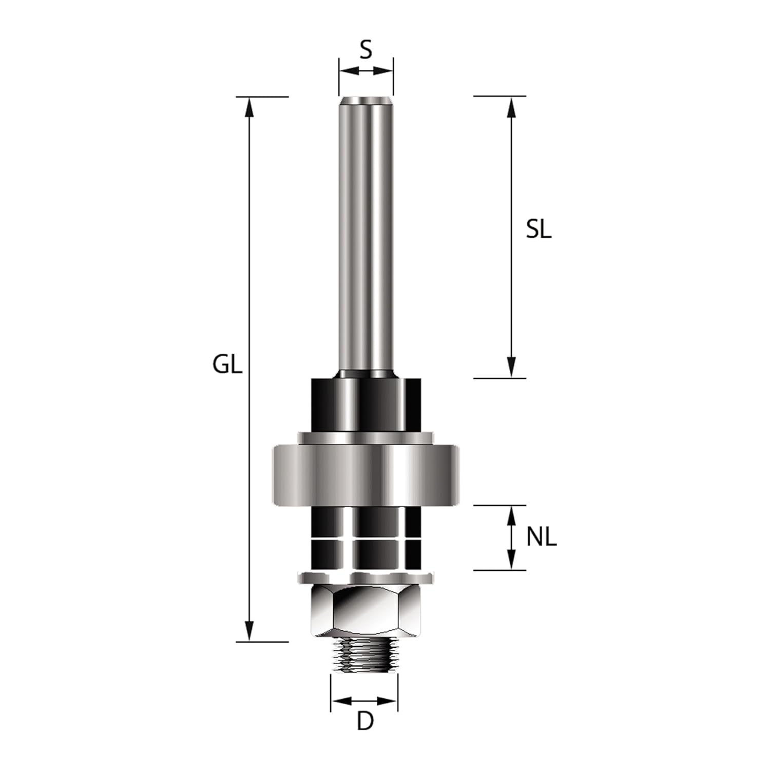 ENT 14005 Aufnahmedorn Schaft (S) 8 mm, Durchmesser (D) 8 mm, NL 13 mm, SL 34,5 mm, GL 68 mm, mit Kugellager – Bild 2