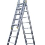 Bayersystem BS-DW 3x11 Mehrzweckleiter, 3x11 Sprossen, 3-teilige Alu-Kombileiter, bis 150 kg belastbar, max. Arbeitshöhe 6,98 m, Klappleiter, Multifunktionsleiter, Stehleiter, Silber/Gelb