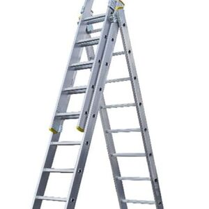 Bayersystem BS-DW 3x11 Mehrzweckleiter, 3x11 Sprossen, 3-teilige Alu-Kombileiter, bis 150 kg belastbar, max. Arbeitshöhe 6,98 m, Klappleiter, Multifunktionsleiter, Stehleiter, Silber/Gelb