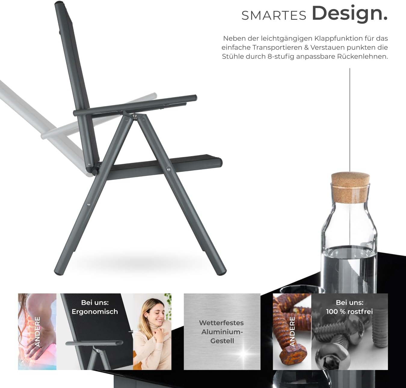 tectake® Sitzgarnitur Aluminium Klappstühle, Lounge Set mit 6X Stühle und 1x Glastisch Esstisch, Gartenmöbel Set wetterfest für den Balkon, Gartenstühle, Terrassenmöbel, Liegestuhl - anthrazit – Bild 3